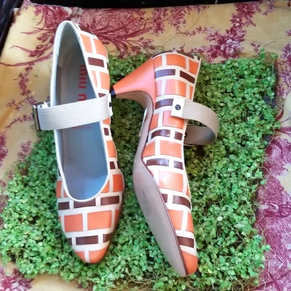 MIU MIU Y2k Orange  Brown Basketweave Italy  Leather Mary Janes Shoes 39 8.5 Euc - Picture 15 of 16